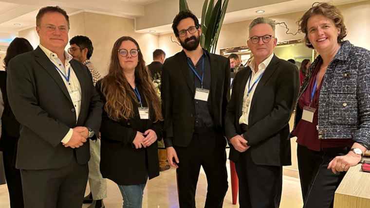 The three speakers from DPAG (from left to right: Professor Zoltan Molnar, Dr Auguste Vadisiute, Dr Fernando Messore) with the  two main organisers and chairs of the meeting: Professor Belinda Lennox (Department of Psychiatry) and Professor Kevin Talbot (Nuffield Department of Clinical Neurosciences).