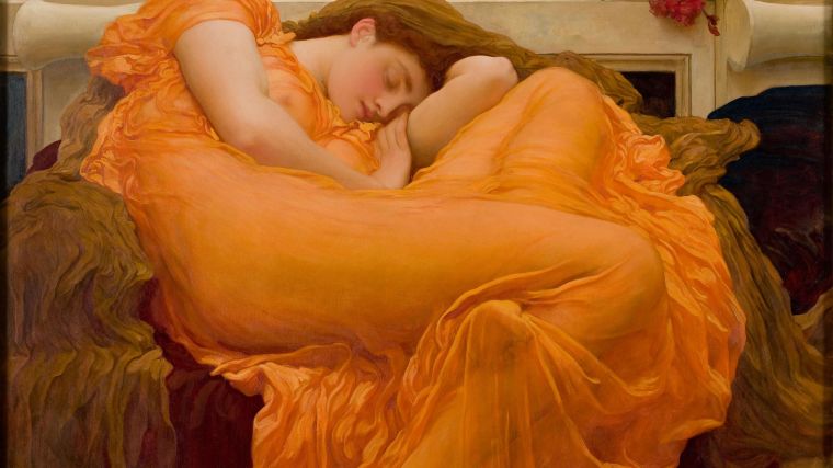 "Flaming June" painting depicts an image of a painting with a woman sleeping.