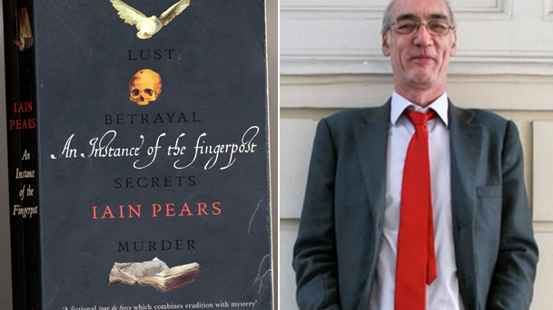 Front cover of An Instance of the Fingerpost with illustrations of a dove, skull and open book, alongside portrait photo of Iain Pears