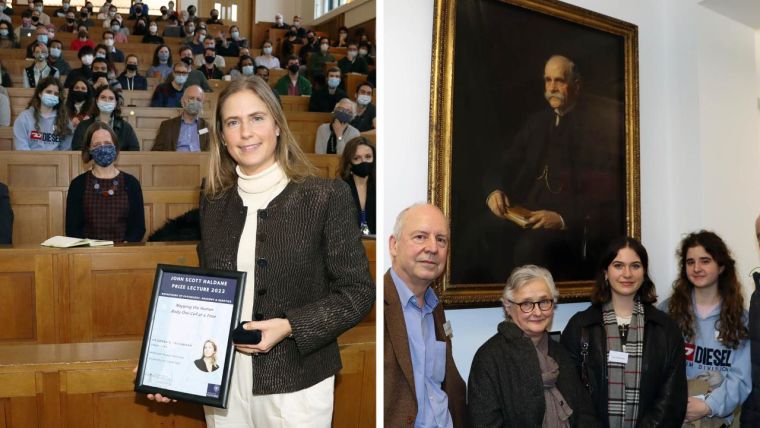 One photo showing Sarah Teichmann posing with framed J.S. Haldane Prize Lecture poster in front of Blakemore Lecture Theatre audience. A second photo shows Haldane's descendants in front of the newly unveiled Haldane Portrait.