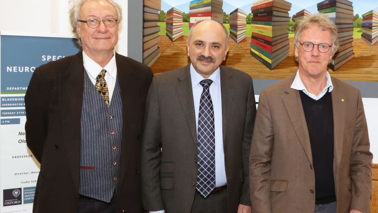 The photo shows (left to right) Our Head of Department David Paterson, Professor Mone Zaidi, and Sir Peter Ratcliffe (Nobel prize-winner for Physiology or Medicine)
