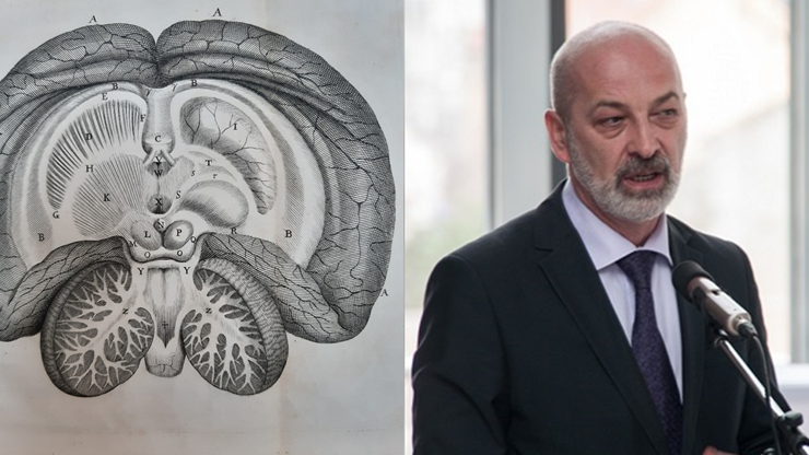 De Anima Brutorum illustration of an adult human brain from above, and Professor Miloš Judaš delivering a lecture